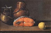 Luis Melendez Still Life with Salmon, a Lemon and Three Vessels oil painting artist